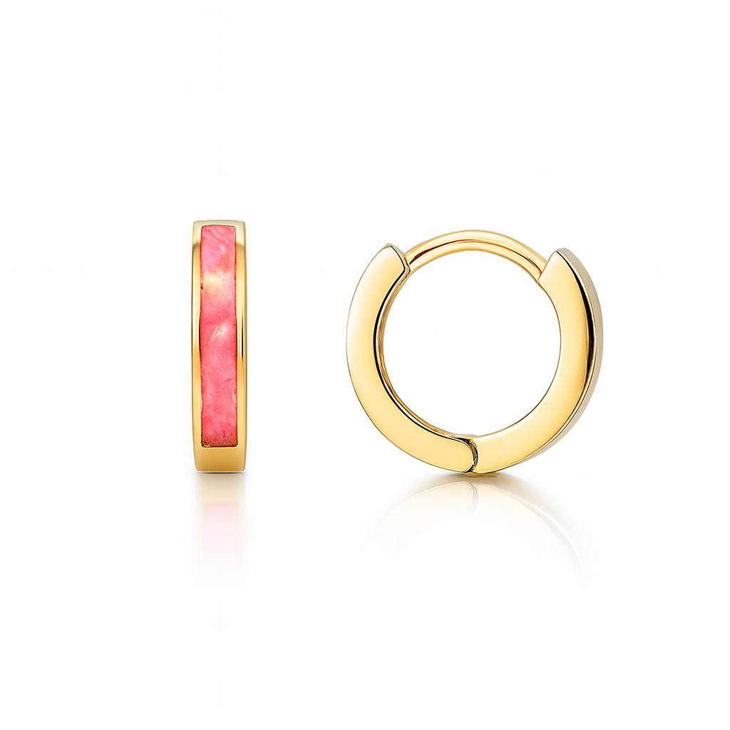 14k Yellow Gold One Row Pink Opal Huggie Hoop Earrings