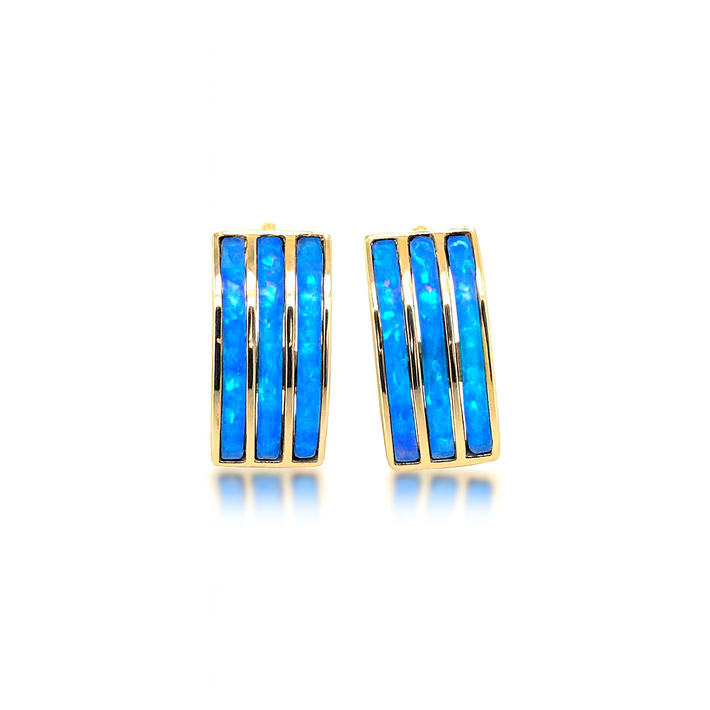 14k Yellow Gold Triple Row Dark Blue Opal Huggie Hoop Earrings