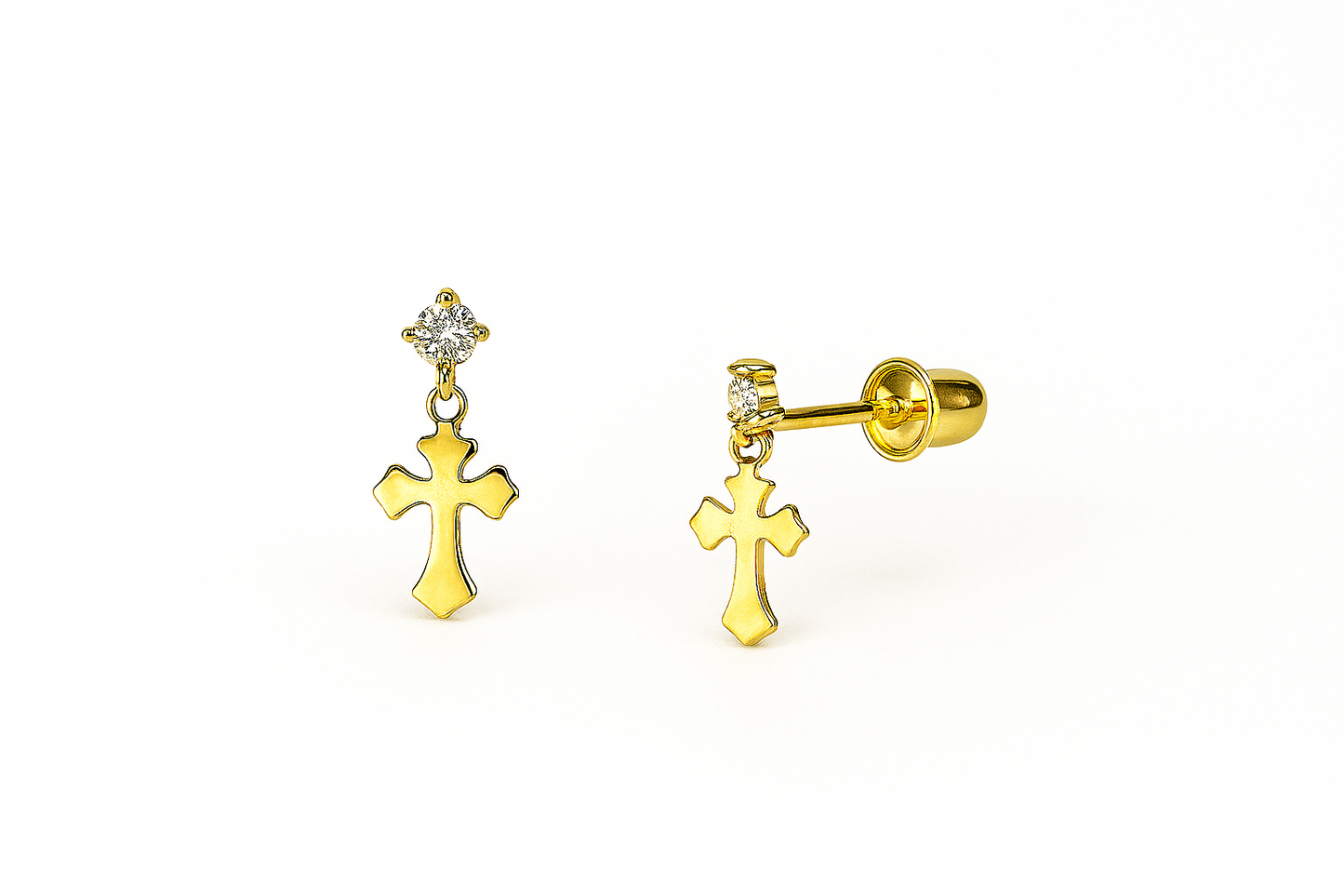 14K Yellow Gold Religious CZ Cross Stud Screw Back Earrings for Girls Womens