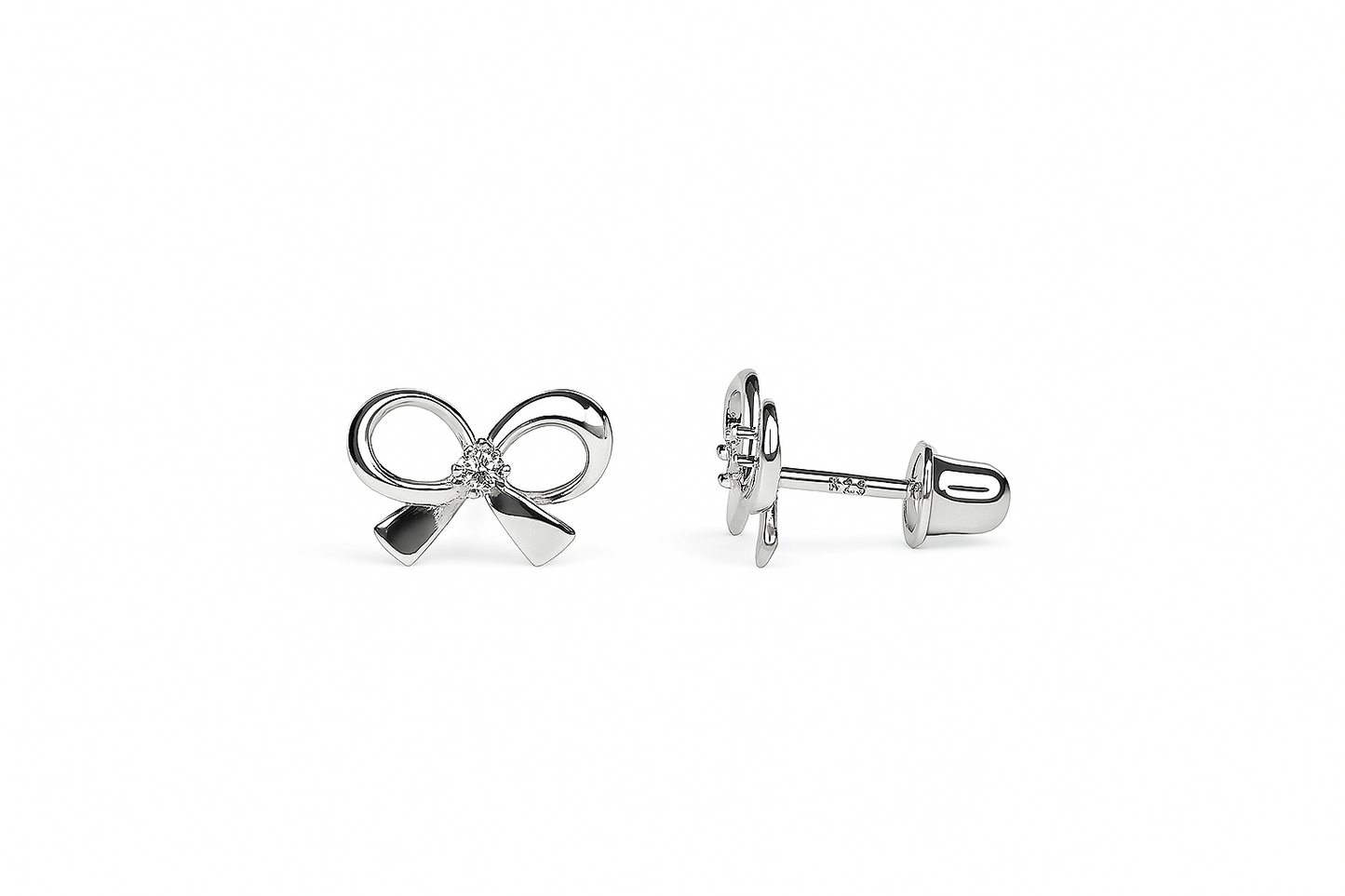 14k Yellow & White Gold CZ Cute Bow Tie Screw Back Stud Earring for Girls & Kids