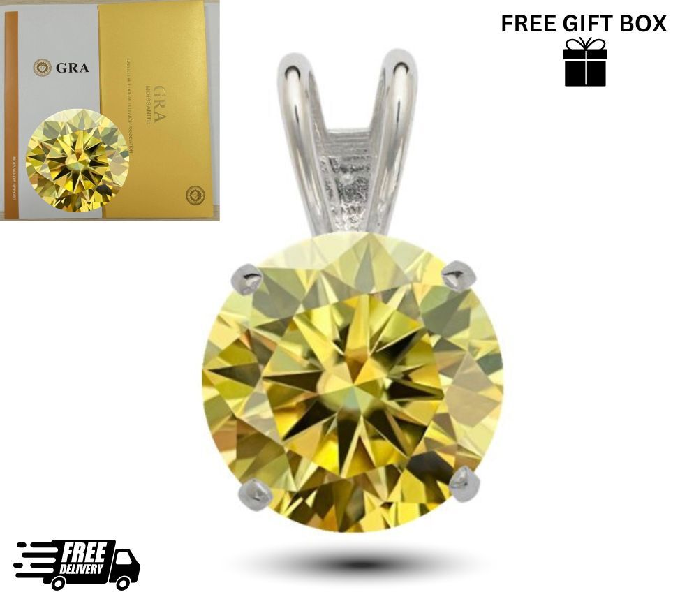 14K Gold GRA Certified D-VVS1 Round Lemon Yellow Moissanite Pendant