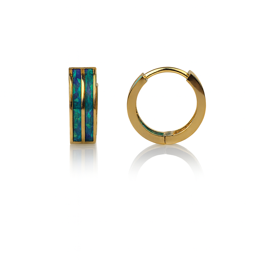 14k Yellow/White Gold Double Row Green Opal Huggie Hoop Earrings