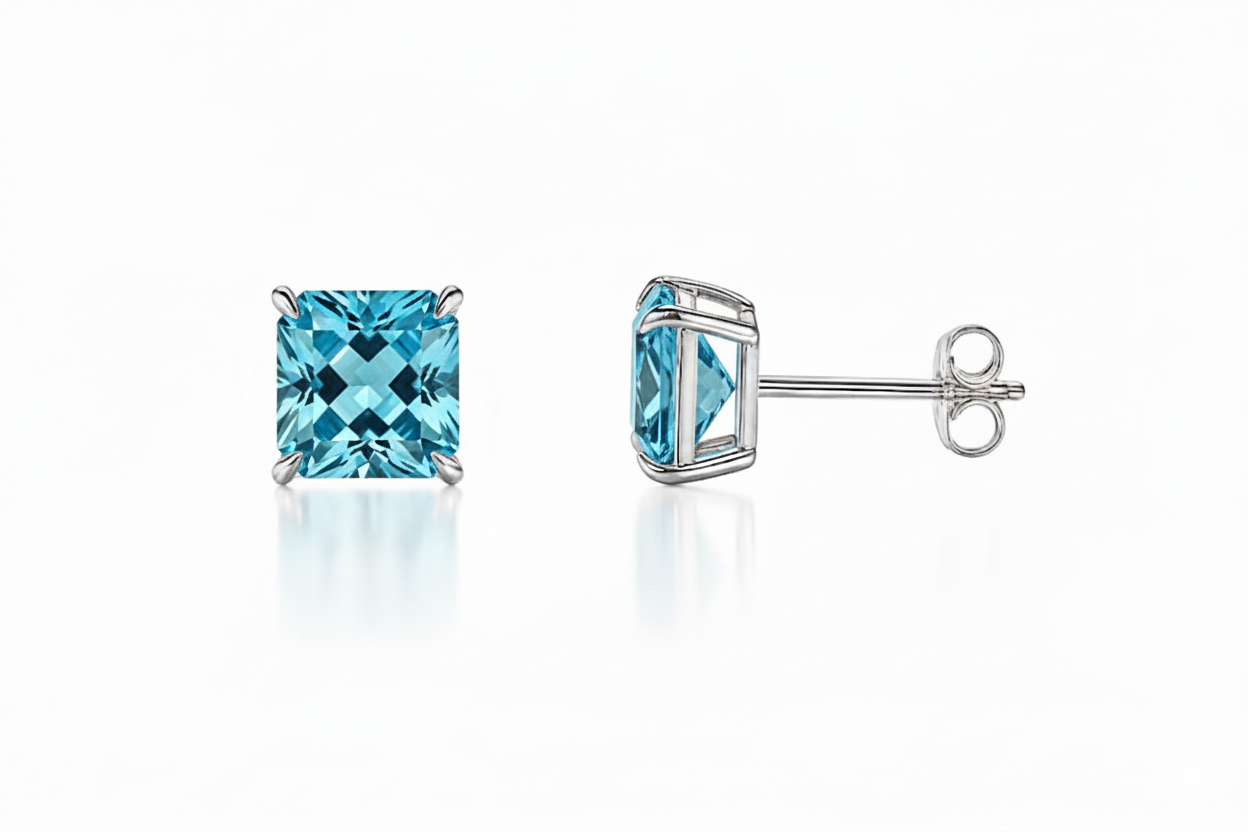14k White Gold Solid Square Princess Cut Birthstone 6MM CZ Stud Earrings