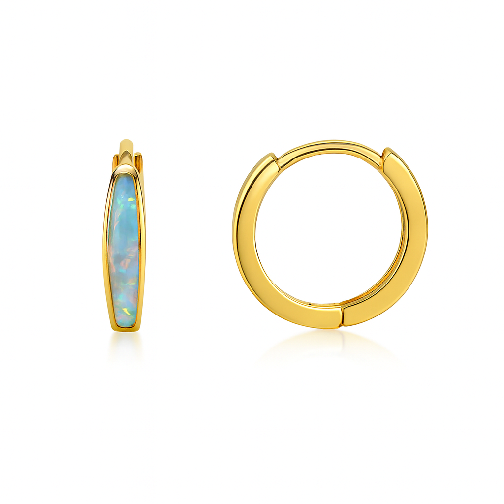 14k Yellow Gold Light Blue Opal Huggie Hoop Earrings