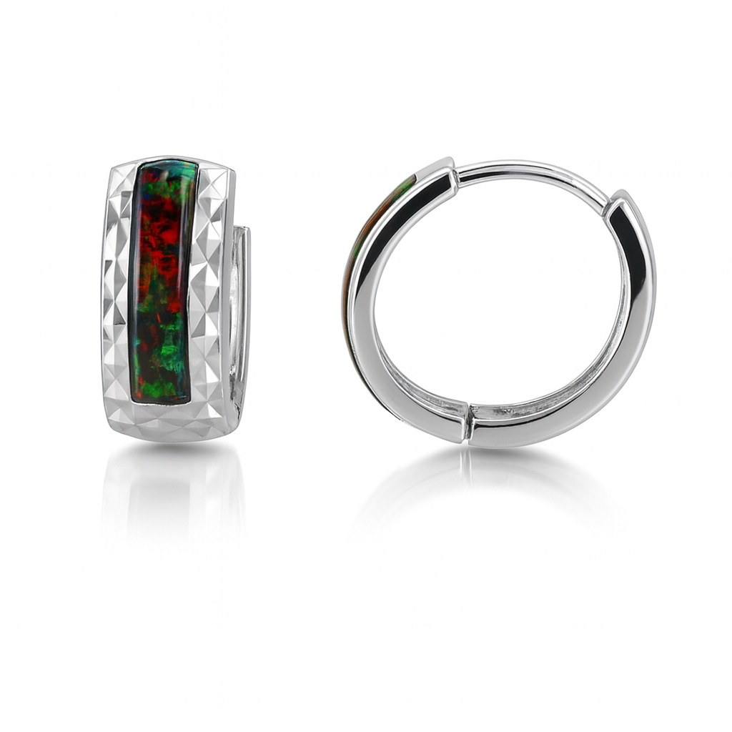 14k White Gold Black Opal Huggie Hoop Earrings