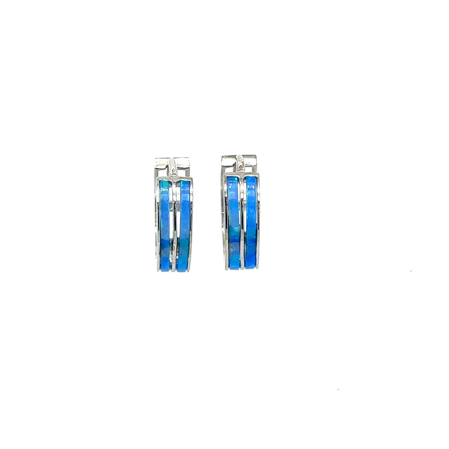 14k White Gold Double Row Dark Blue Opal Huggie Hoop Earrings
