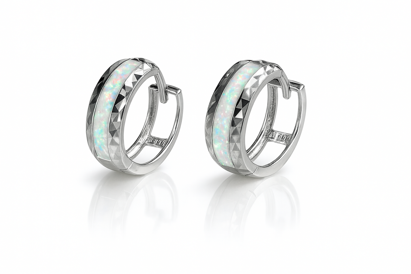14k White Gold White Opal Huggie Hoop Earrings