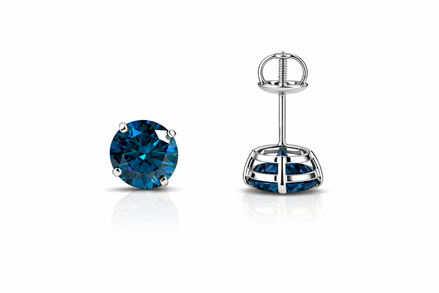 14K Gold GRA Certified D-VVS1 Round Blue Moissanite Screw Back Studs Earrings