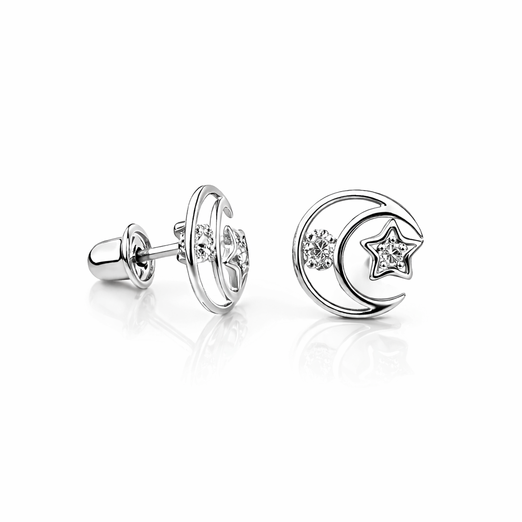 14k Yellow or White Gold Moon and Star CZ Stud Earrings