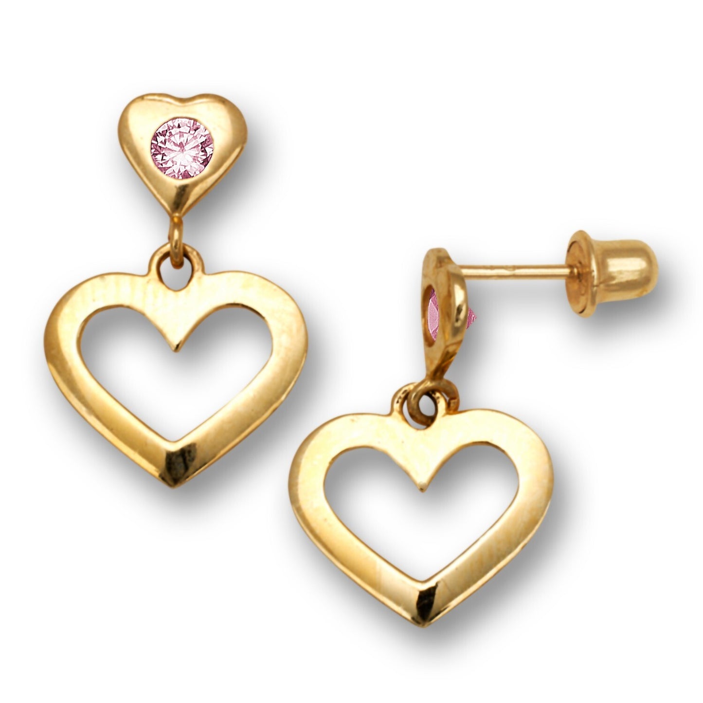 14K Yellow Gold Heart Dangle Screw Back Earrings for Women