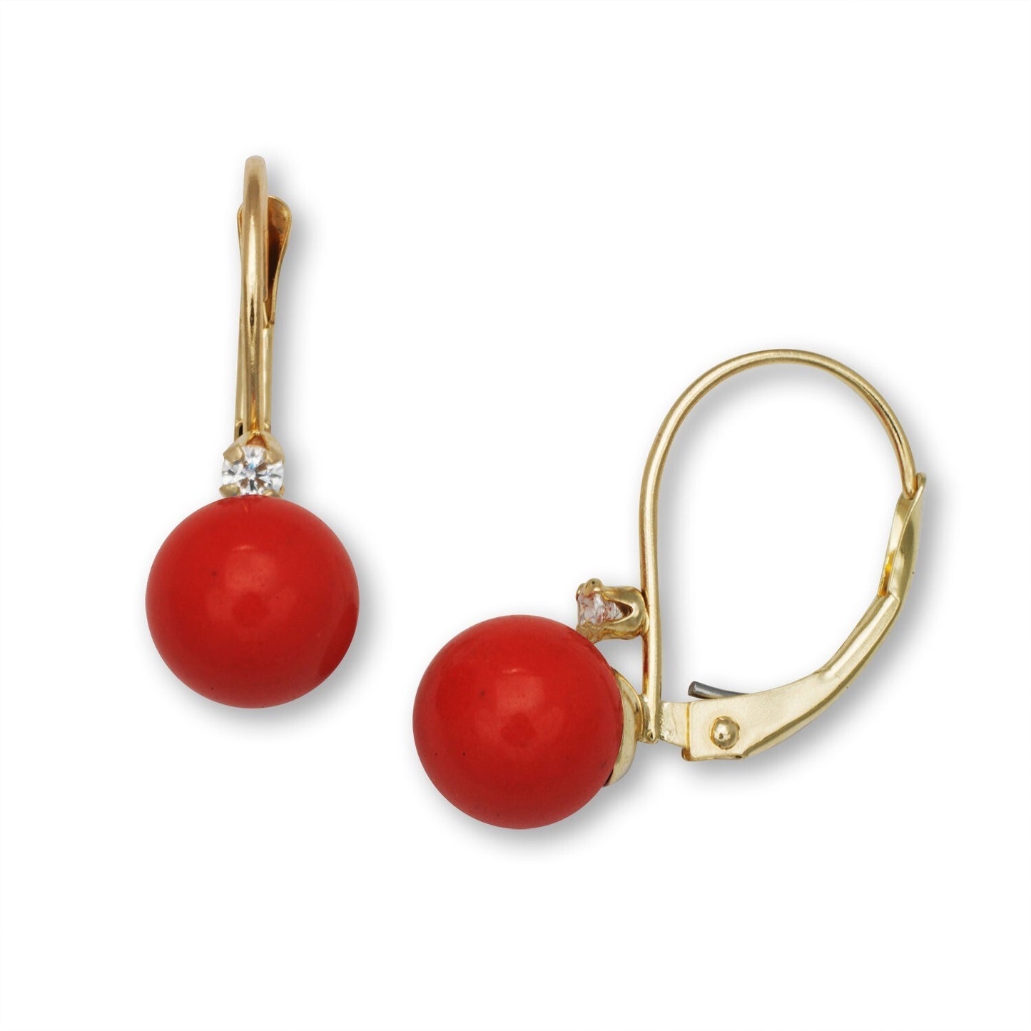 14K Yellow Gold Gorgeous CZ Red Coral Pearl Leverback Earrings for Women