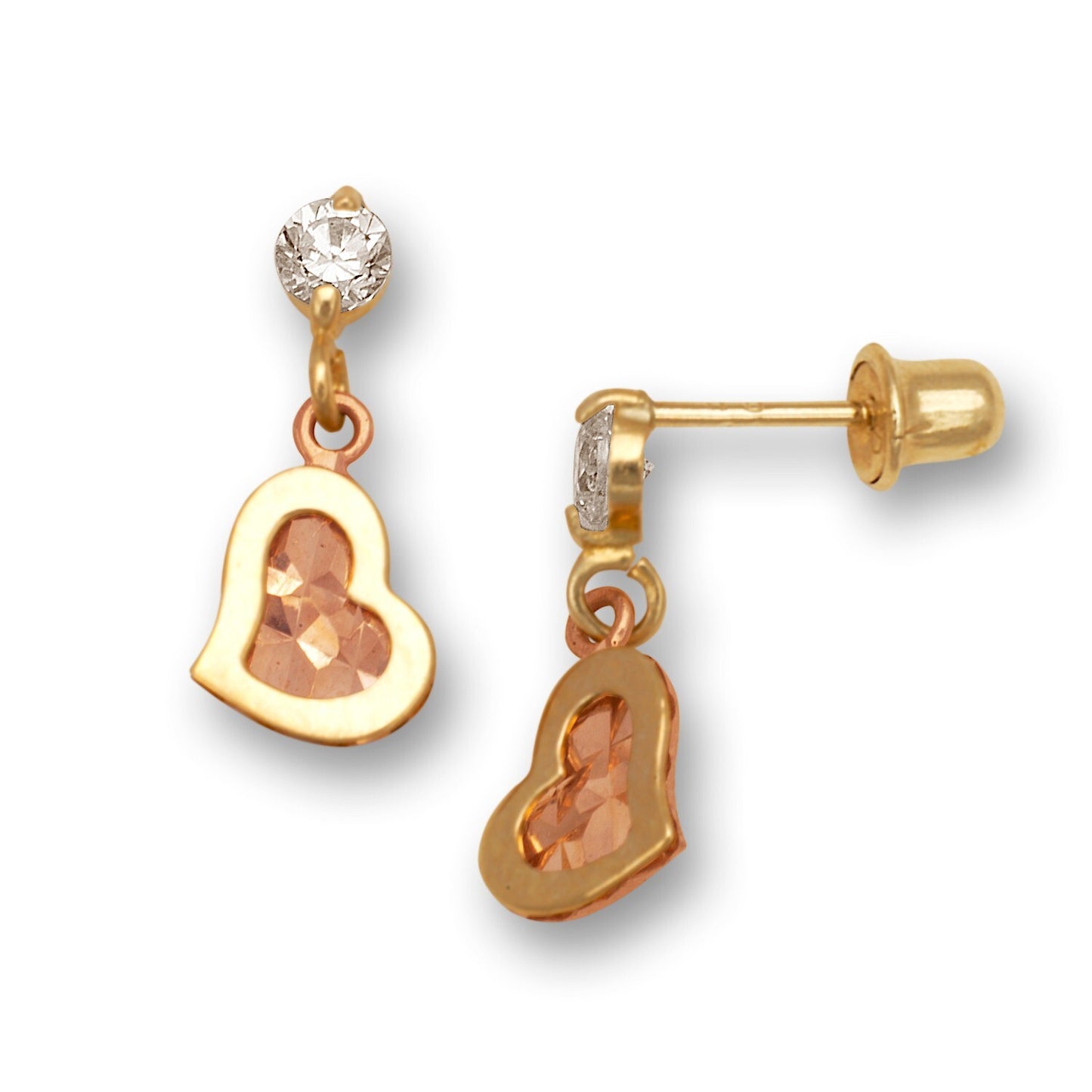 14K Yellow Gold CZ Heart Dangle Hanging Earrings for Women