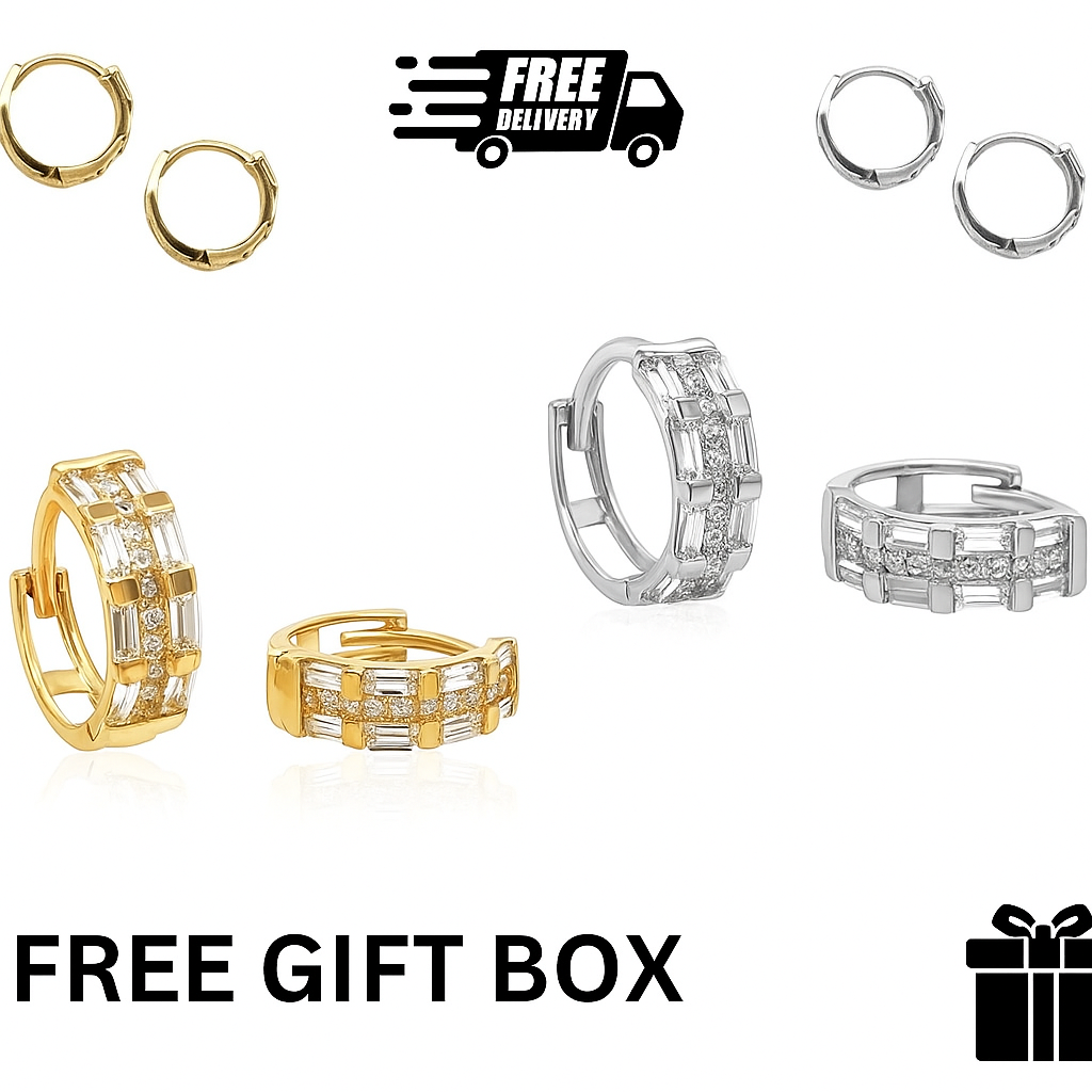 14K Yellow or White Gold Baguette and Round Huggie Hoop Earrings