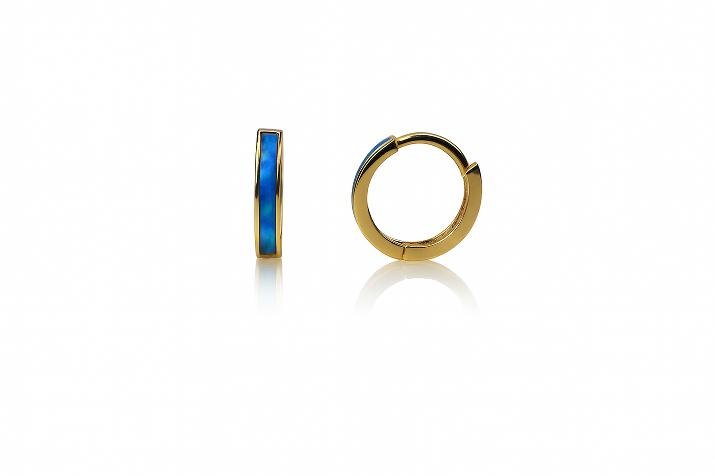 14k Yellow Gold One Row Dark Blue Opal Huggie Hoop Earrings
