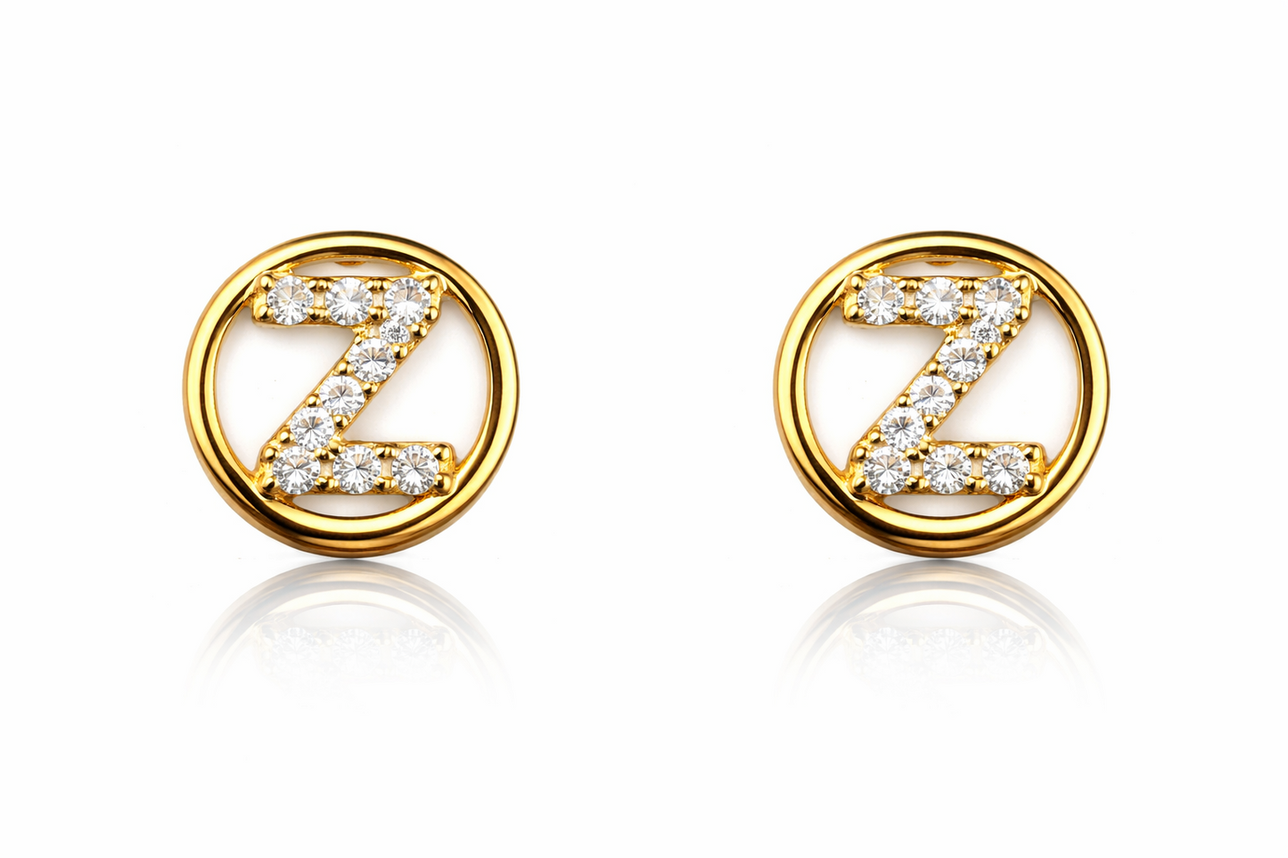 14k Yellow or White Gold Round Initial Letters CZ Stud Earrings