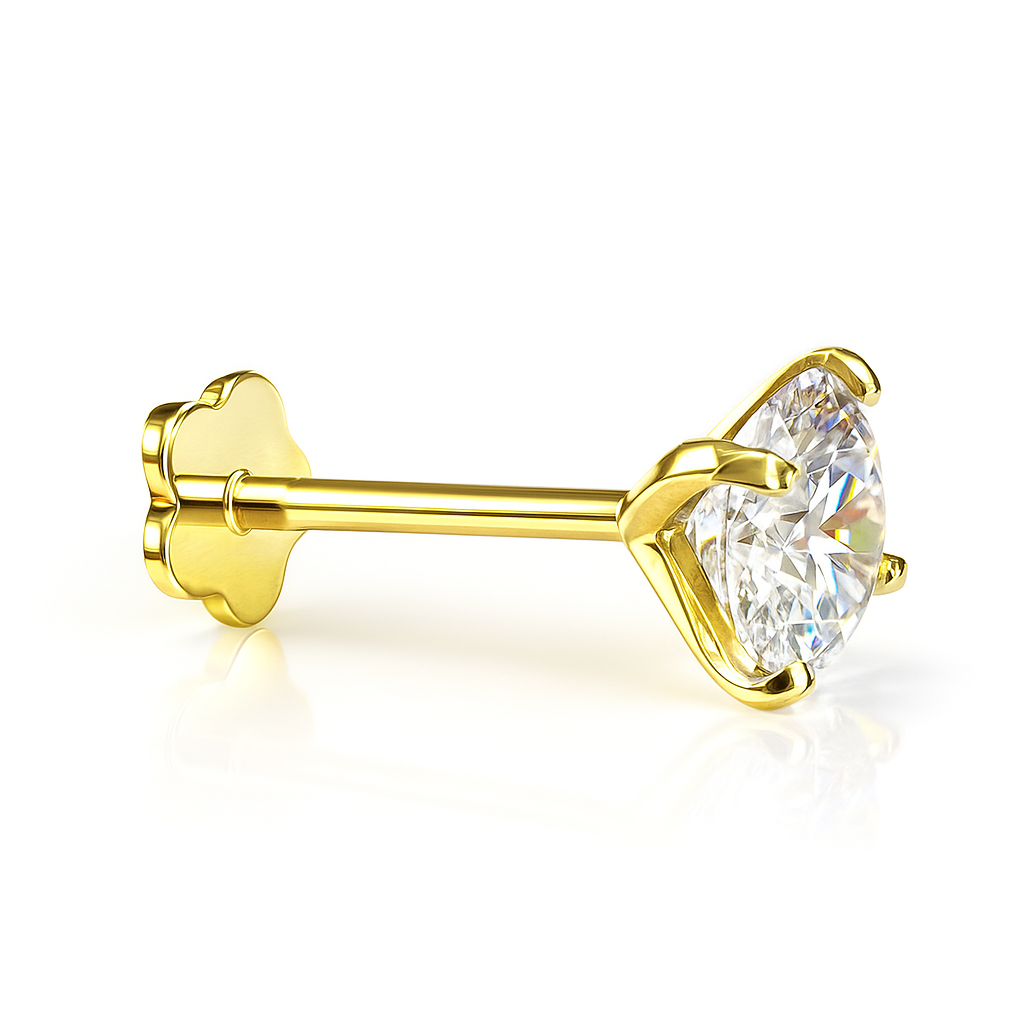 14K Yellow Gold Round Moissanite Barbell Earring With Screw Back