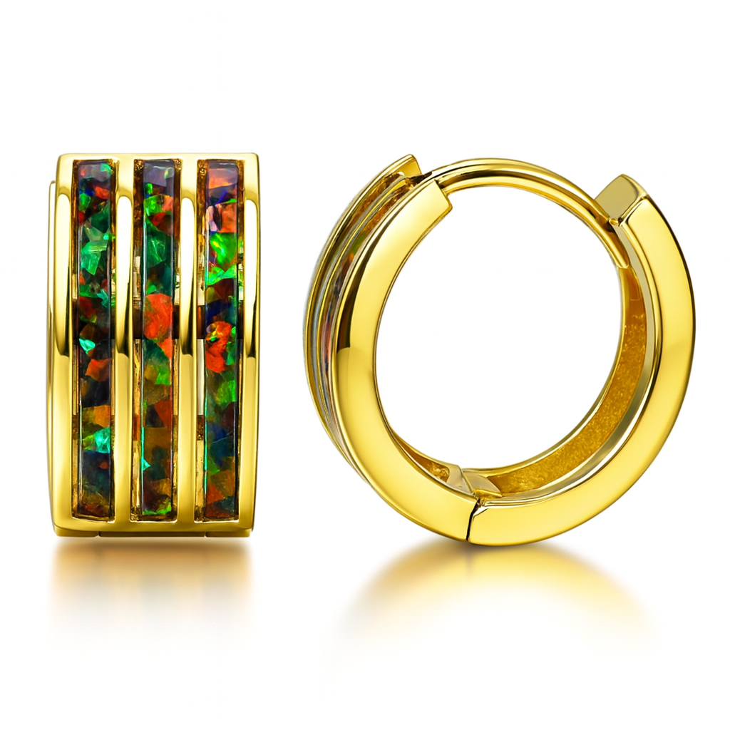 14k Yellow Gold Triple Row Black Opal Huggie Hoop Earrings