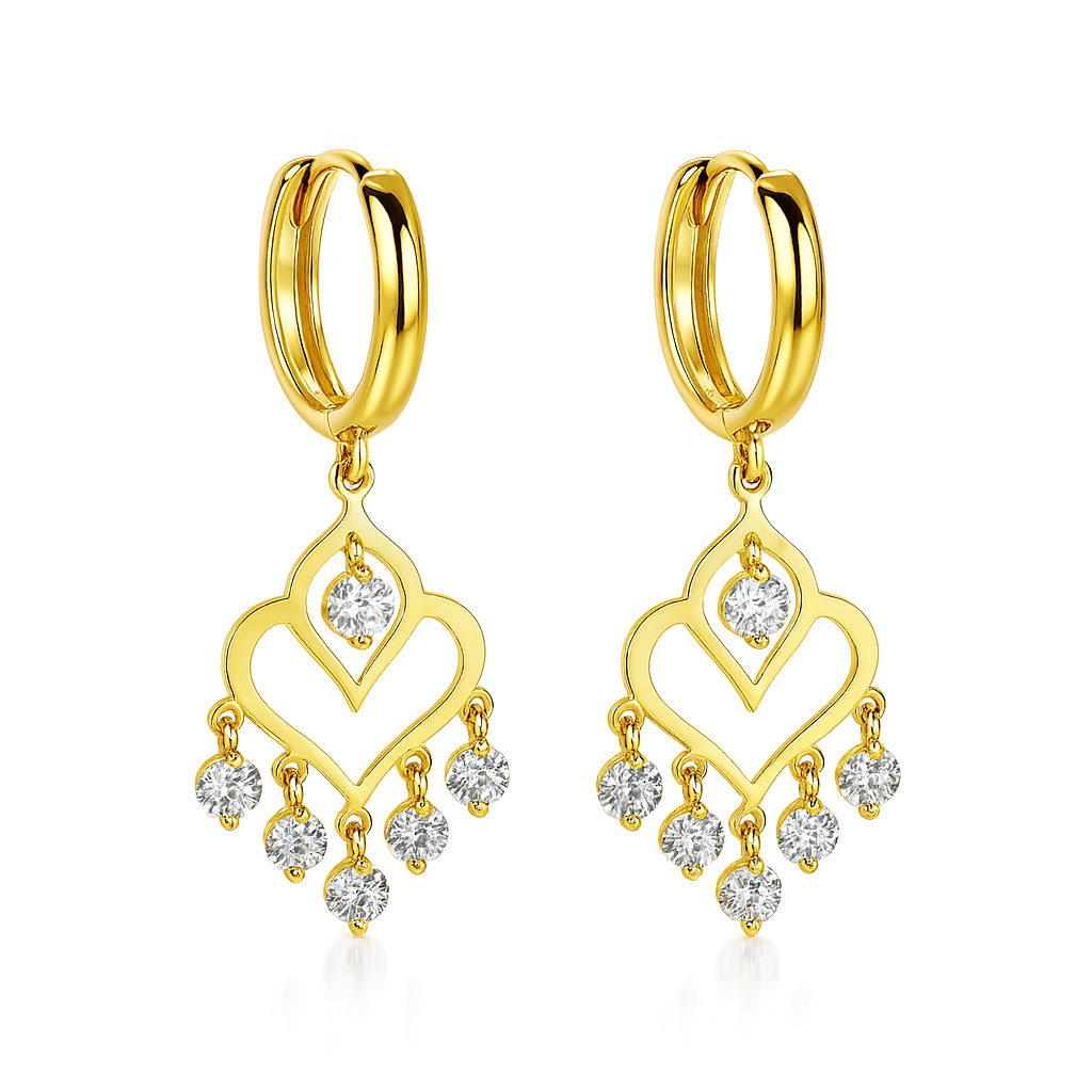 14k Yellow Gold Heart Dangle Hoop Huggie CZ Earrings