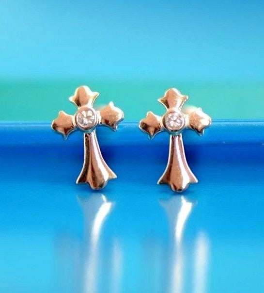 14K White Yellow Gold Cross CZ Earrings