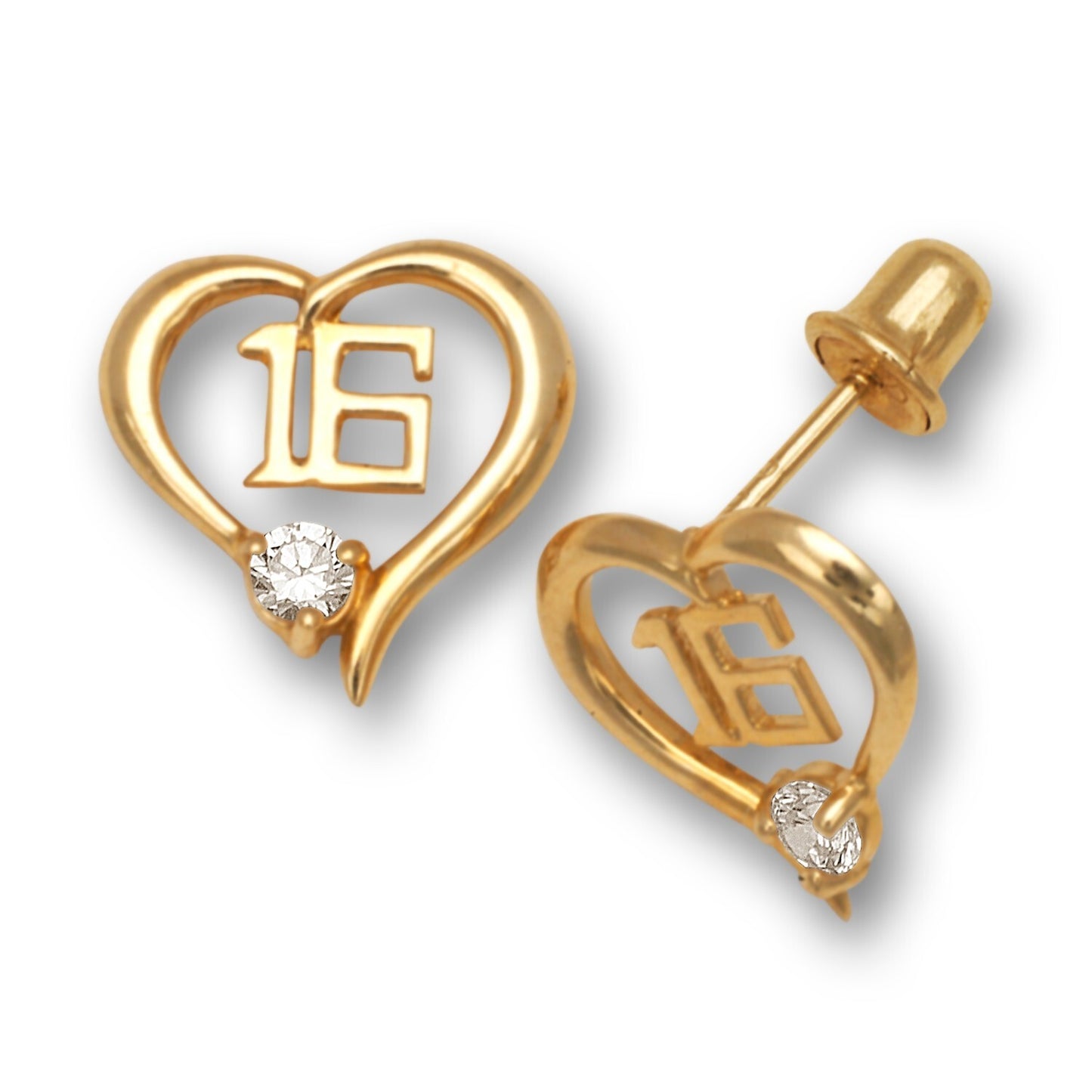 14K Yellow Gold Heart Shaped 16 Number kids Earrings