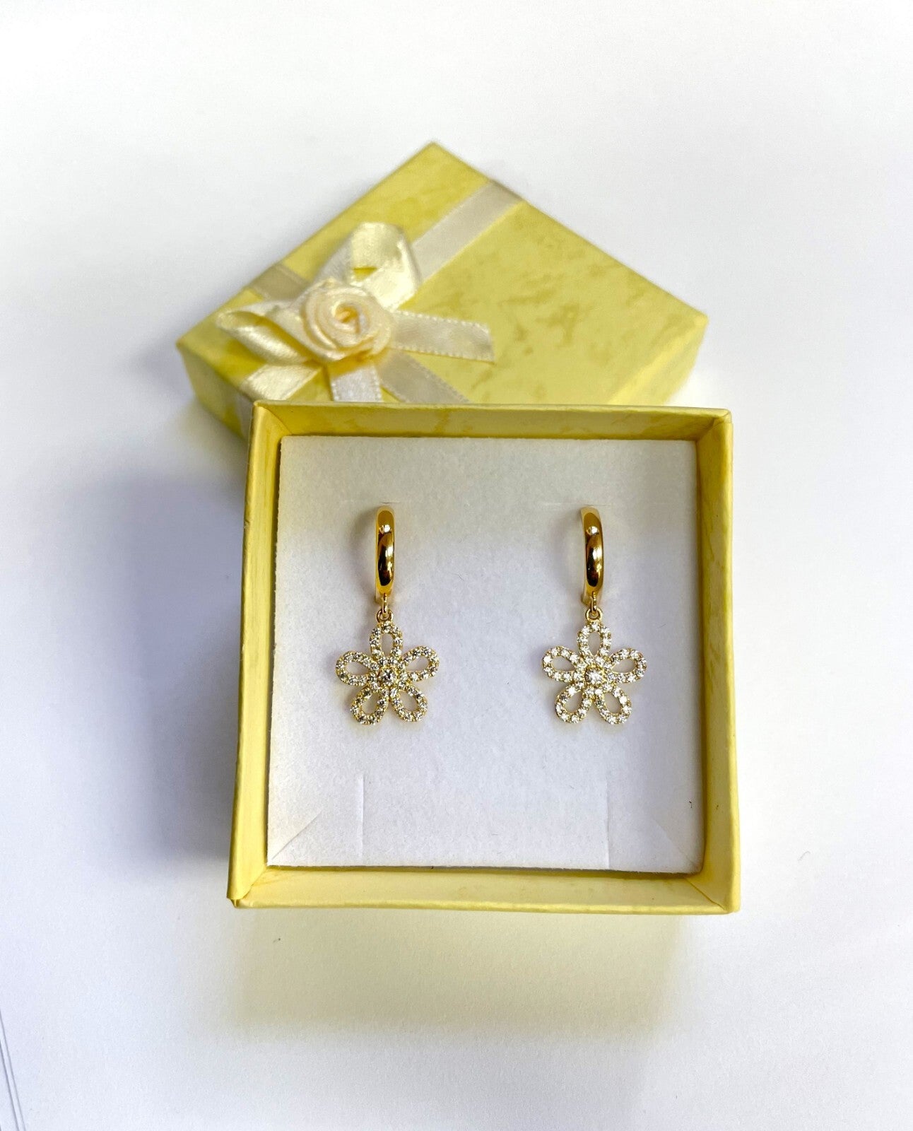 14k Yellow Gold Dangle Flower Hoop Huggie Earrings