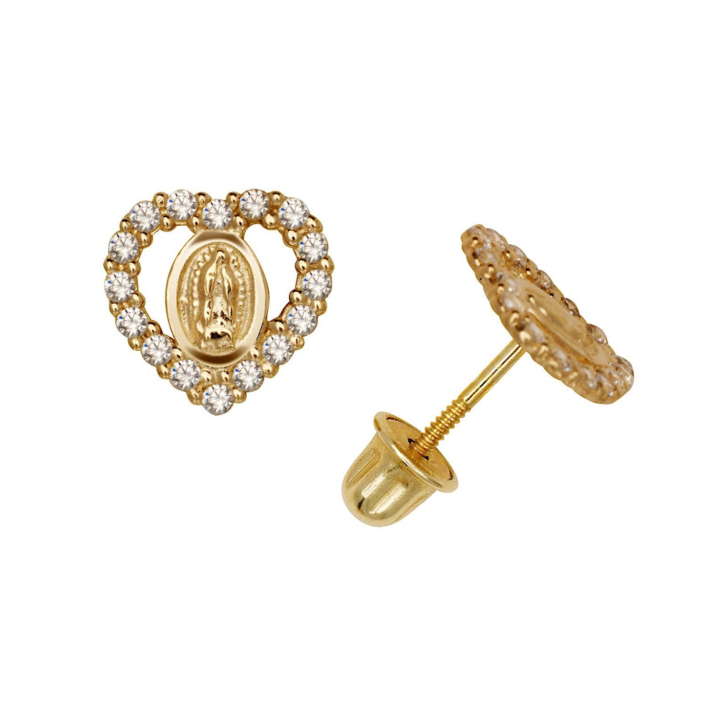 14k Yellow Gold CZ Heart Guadalupe Baby Screw Back Stud Earrings for Girls
