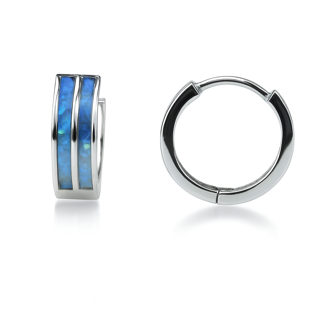 14k Yellow/White Gold Double Row Dark Blue Opal Huggie Hoop Earrings