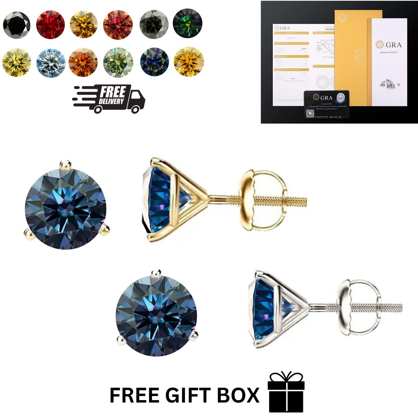 14K Gold GRA CertifiedD-VVS1 Colored Moissanite Martini ScrewBack Stud Earrings