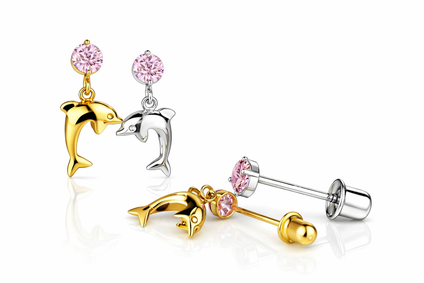 14k Yellow or White Gold CZ Dolphin Stud Earring