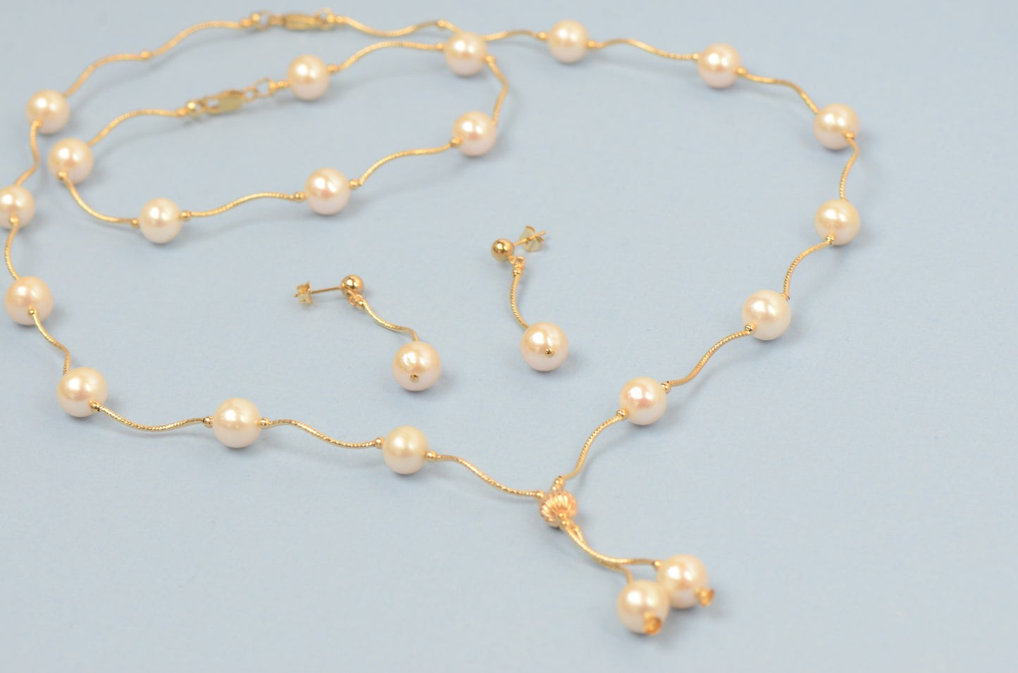 14k Yellow Gold Natural White Pearls 3pcs Women Set:Necklace, Bracelet, Earrings