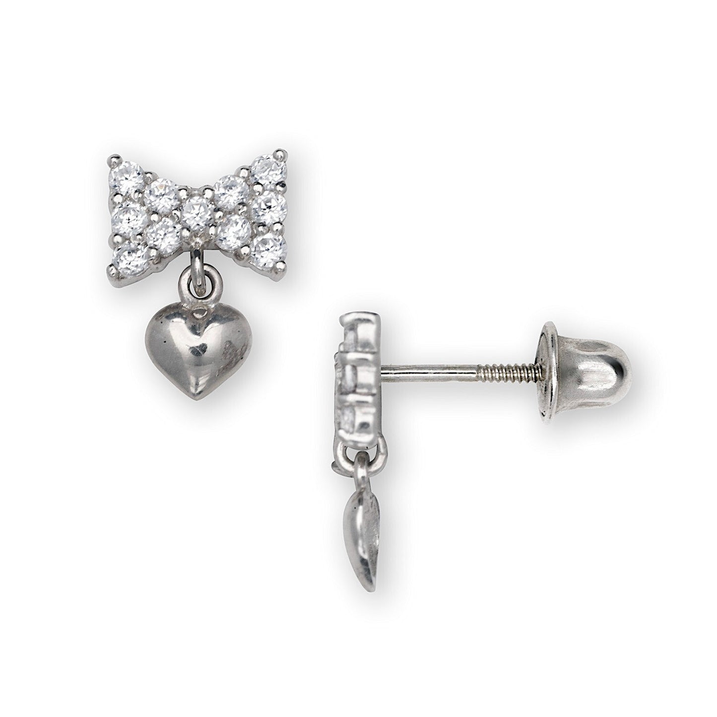 14K Yellow & White Gold Sweet Bow & Heart Dangle Earrings for Girls