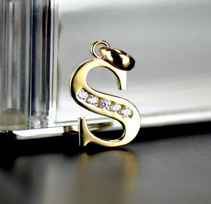 14k Solid Yellow Gold Letter Initial CZ Pendant