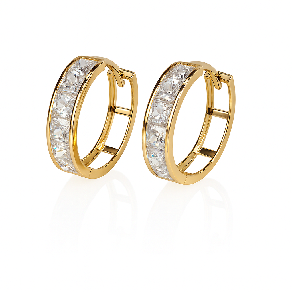 14K Yellow Gold Princess Cut Huggie Hoop Earrings