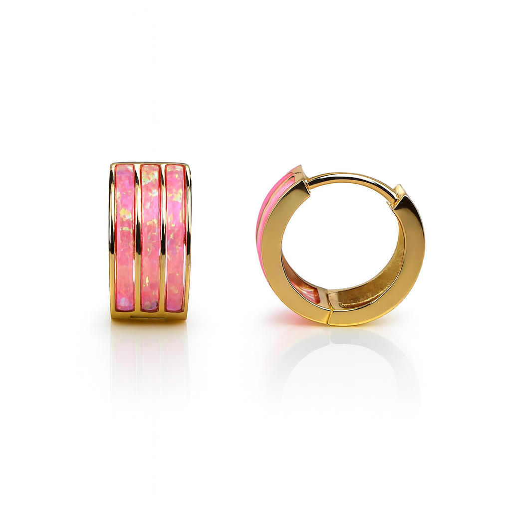 14k Yellow Gold Triple Row Hot Pink Opal Huggie Hoop Earrings