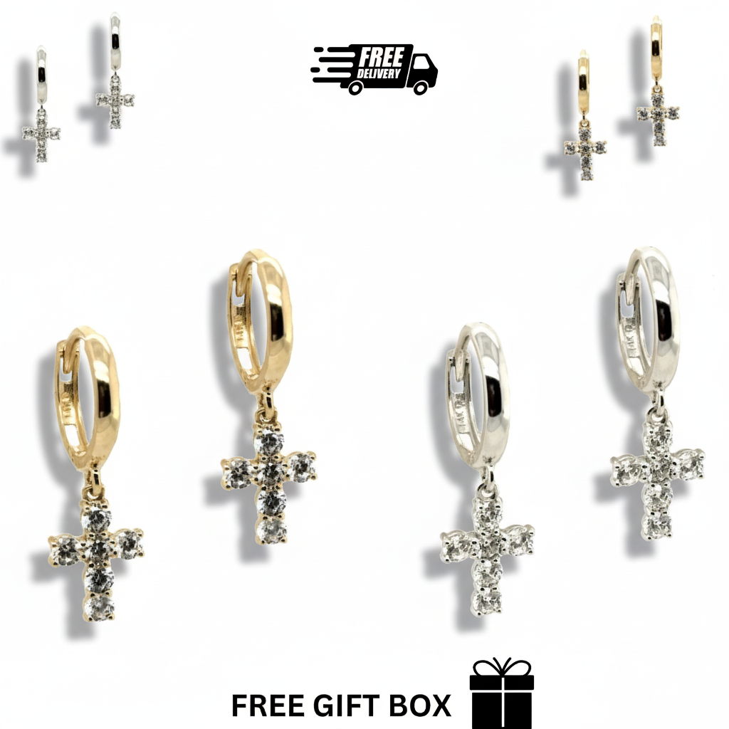 14k. Yellow/White Gold Cross Dangle Hoop Huggie CZ Earrings