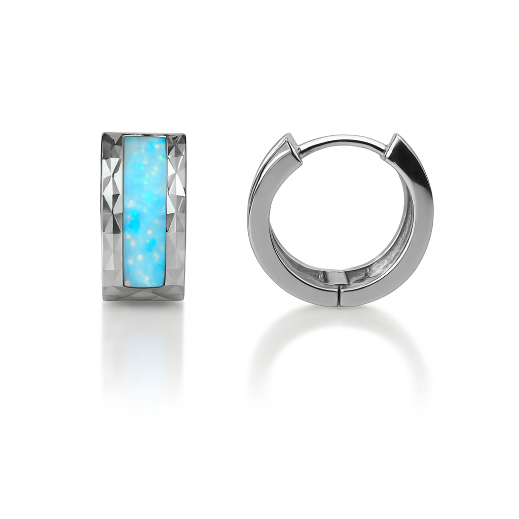 14k White Gold Light Blue Opal Huggie Hoop Earrings