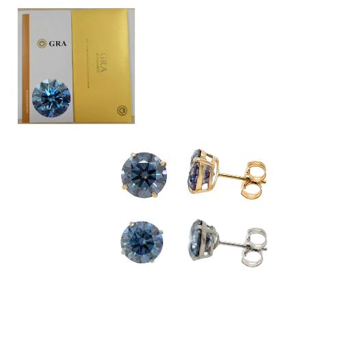 14K Gold GRA Certified D-VVS1 Round Blue Moissanite Push Back Studs Earrings