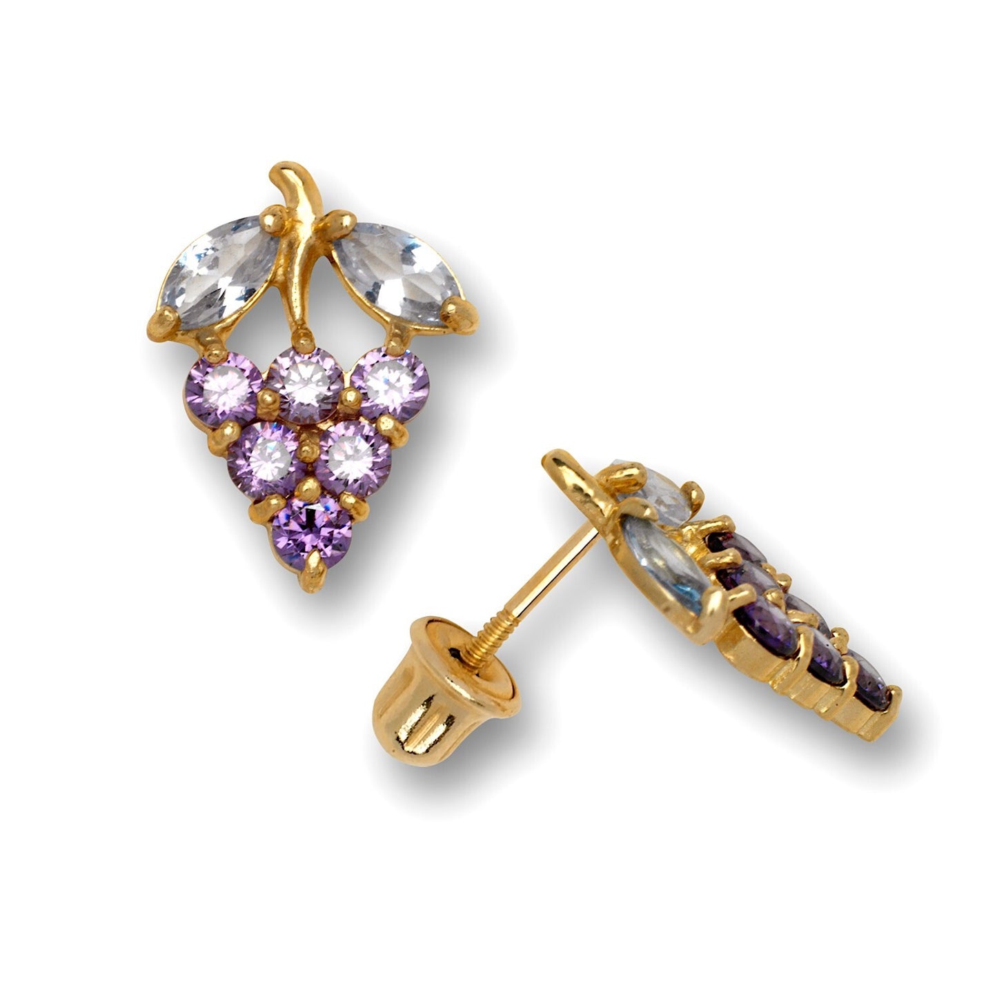 14K Yellow Gold Grape Cubic Zirconia Screw Back Stud Earrings for Women