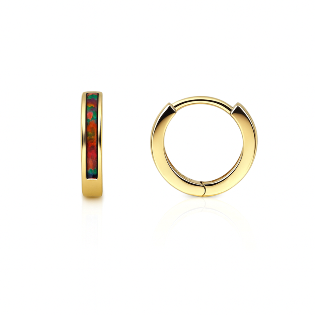 14k Yellow Gold One Row Black Opal Huggie Hoop Earrings