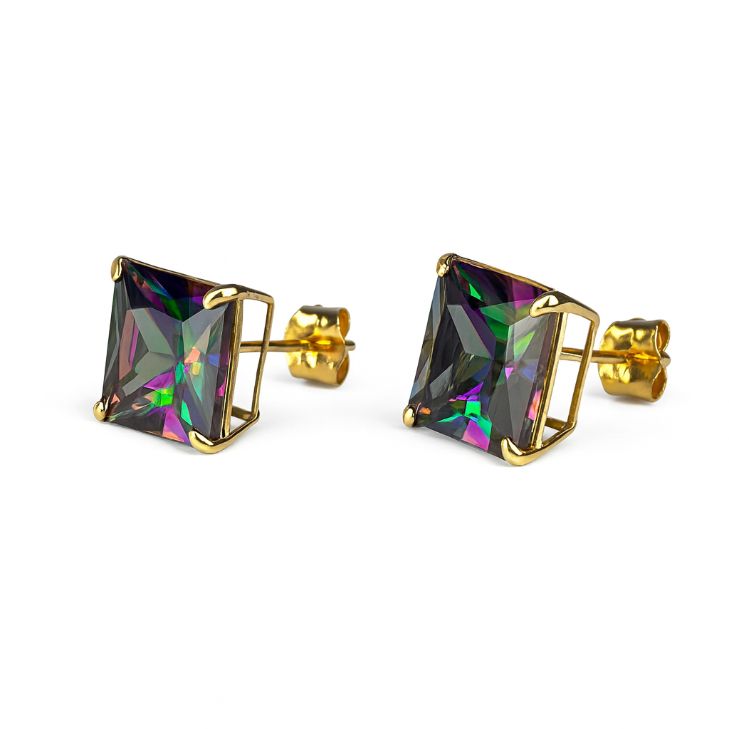 14k Yellow Gold Push Back Earrings with Mystic Topaz Princess Cut CZ Stones