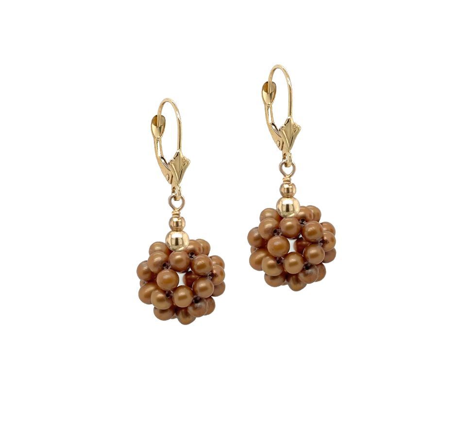 14k Yellow Gold Dangle Freshwater Pearl Cluster Leverback Earrings
