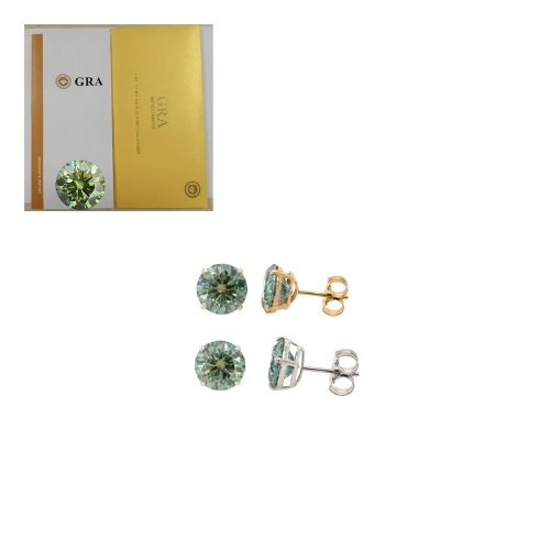 14K Gold GRA Certified D-VVS1 Round Green Moissanite PushBack Studs Earrings