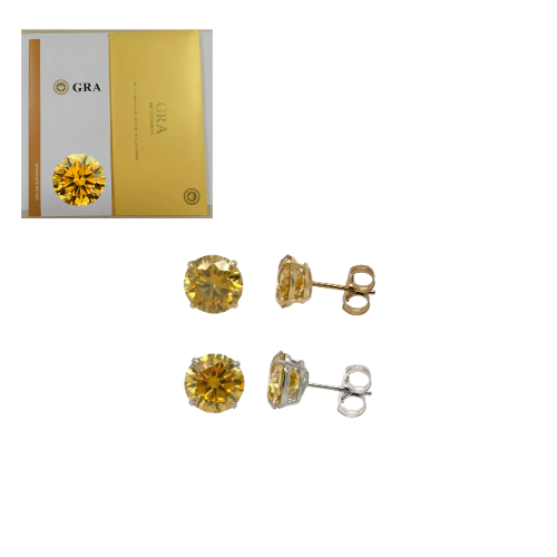 14K Gold GRA Certified D-VVS1 Round Yellow Moissanite Push Back Studs Earrings