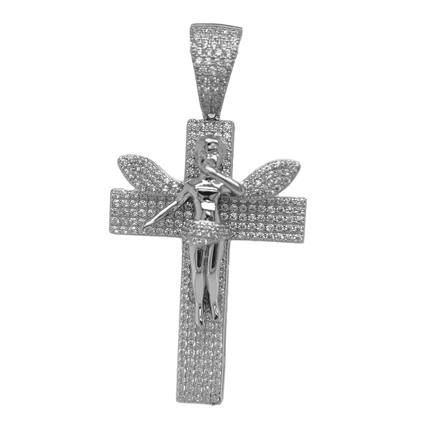 925 Sterling Silver Angel in Cross with CZ Charm Pendant