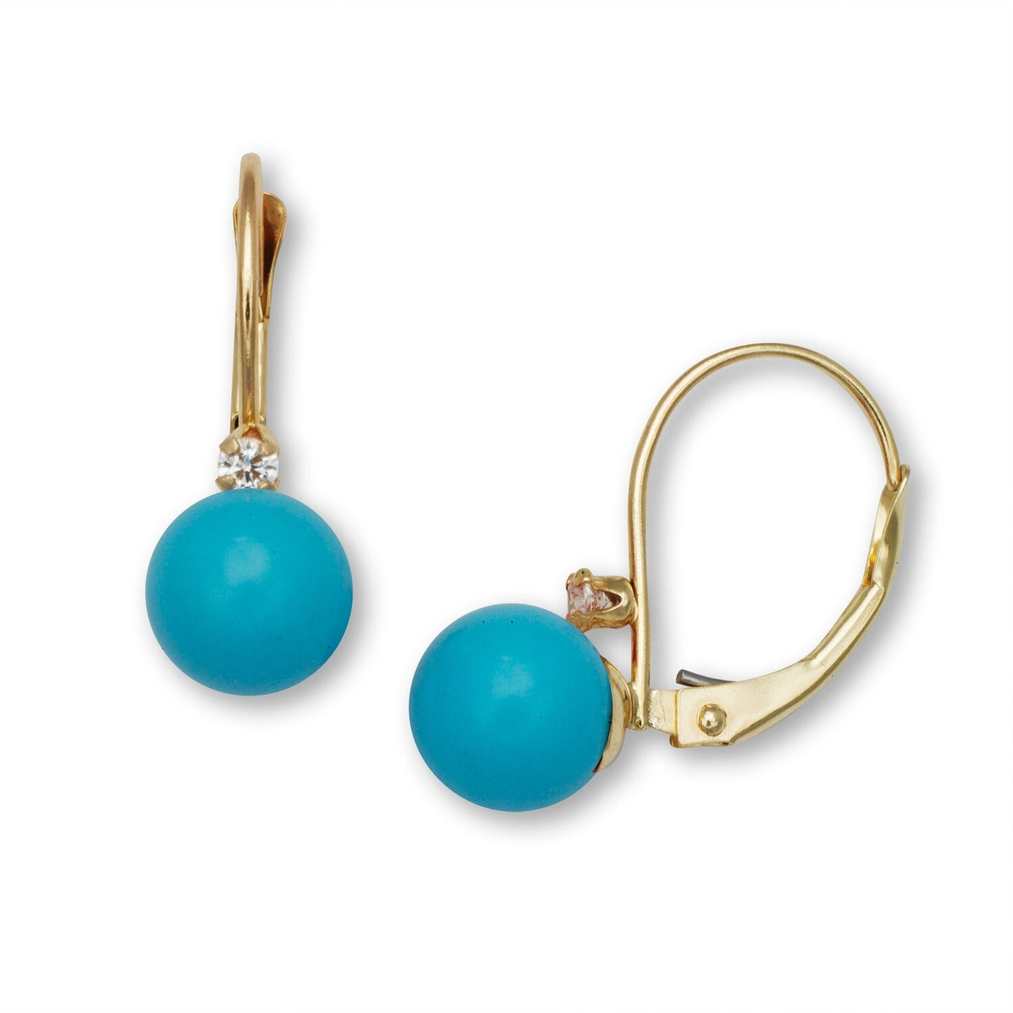 14K Yellow Gold Gorgeous CZ Turquoise Pearl Leverback Earrings for Women