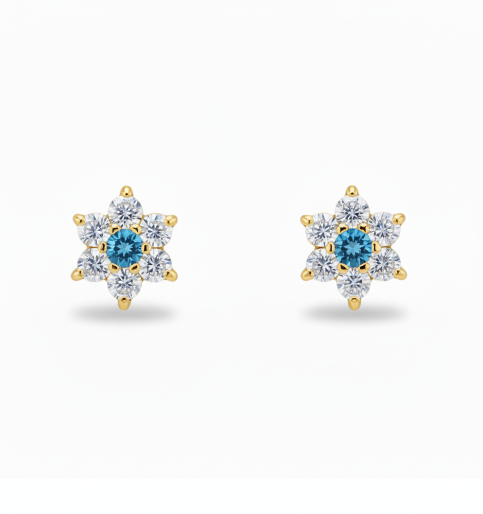 14K Yellow Gold Classic Flower CZ Stud Earrings for Women
