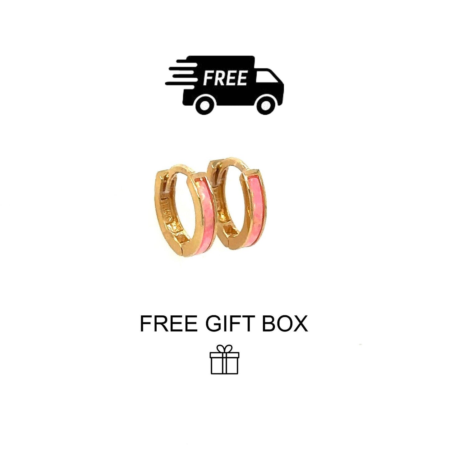 14k Yellow Gold One Row Pink Opal Huggie Hoop Earrings