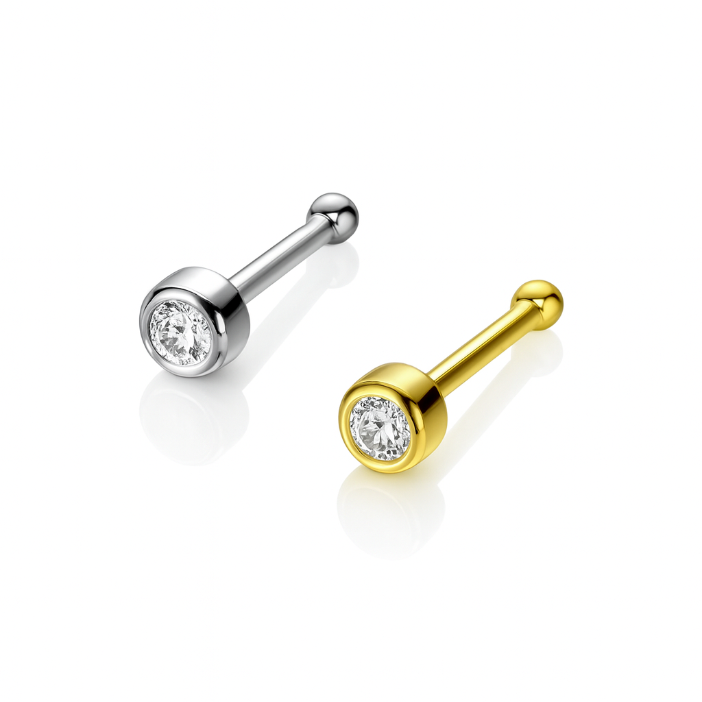 14k Yellow White Gold CZ Round Bezel Nose Piercing Stud