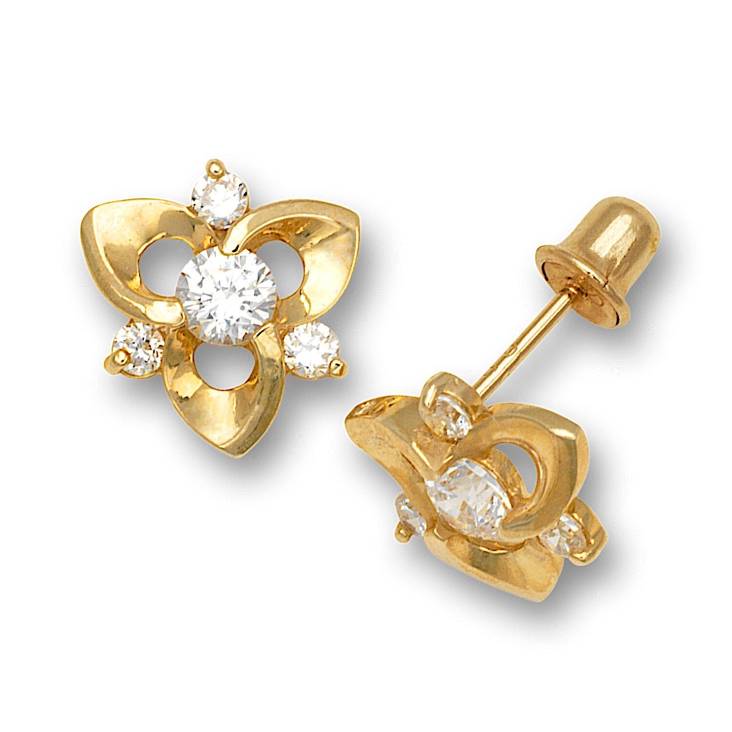 14K Yellow Gold Flowers Stud Screw Back Earrings For Girls