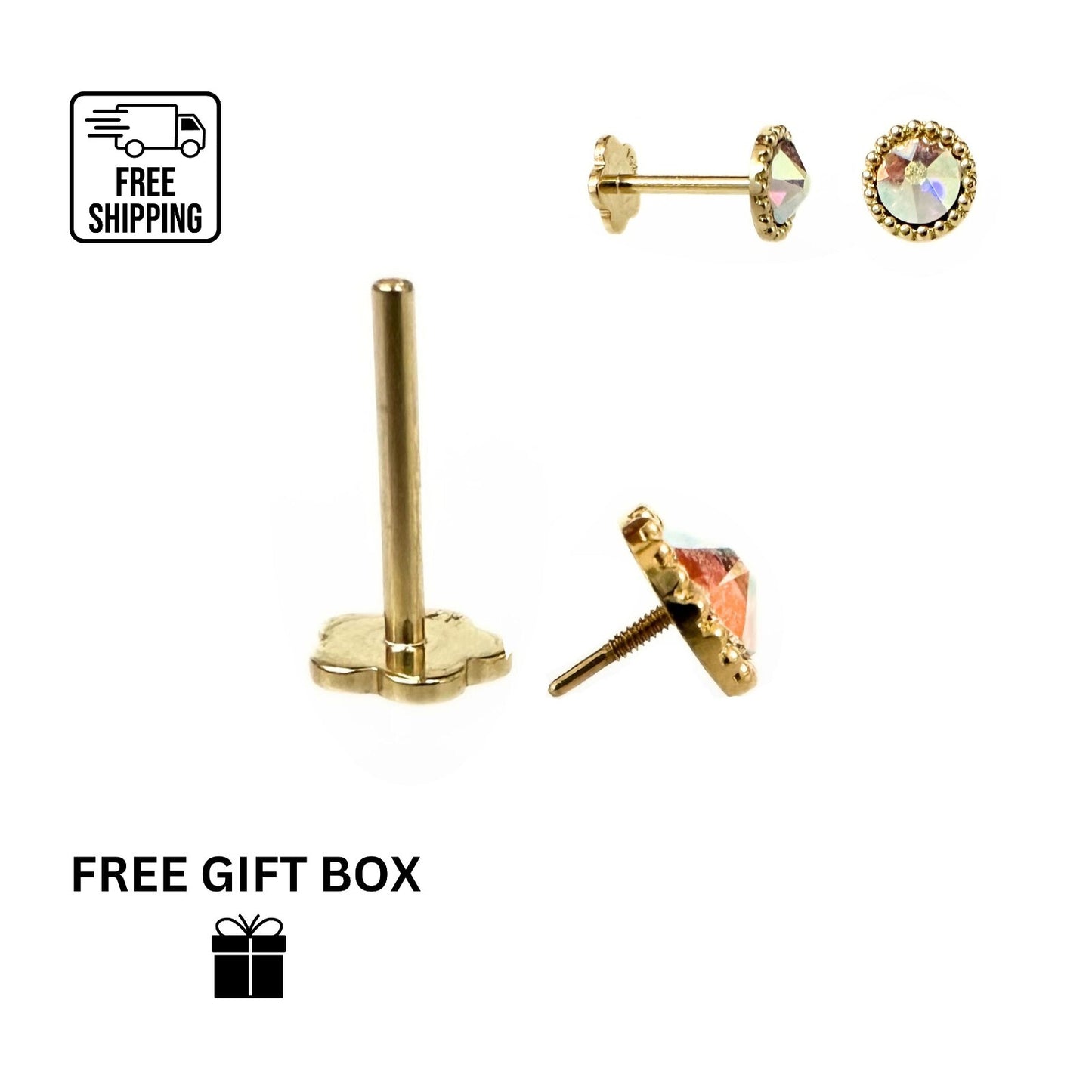 14K Yellow Gold Crystal AB Rhinestone Cartilage Barbell Earring With Screw Back